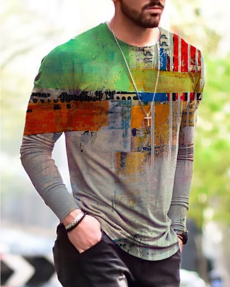 Men's Contrast Block Painting Print Long Sleeve T-shirt