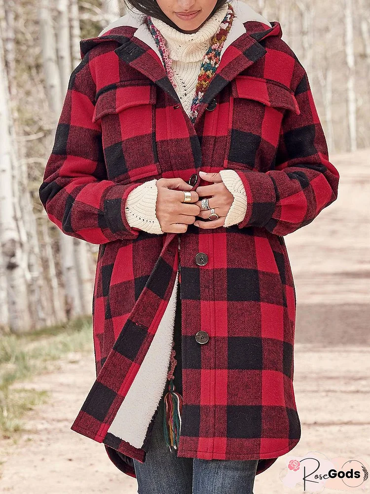 Plaid Long Sleeve Casual Fleece Coat