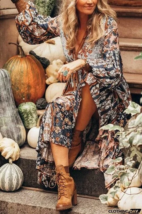Bohemia Print Long Sleeve Maxi Dress
