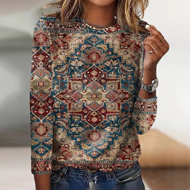 Wearshes Multicolor Ethnic Print Long Sleeve Crew Neck T-Shirt