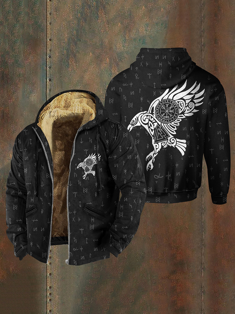Comstylish Men's Vintage Viking Raven Runes Birds Graphics Cozy Hooded Jacket