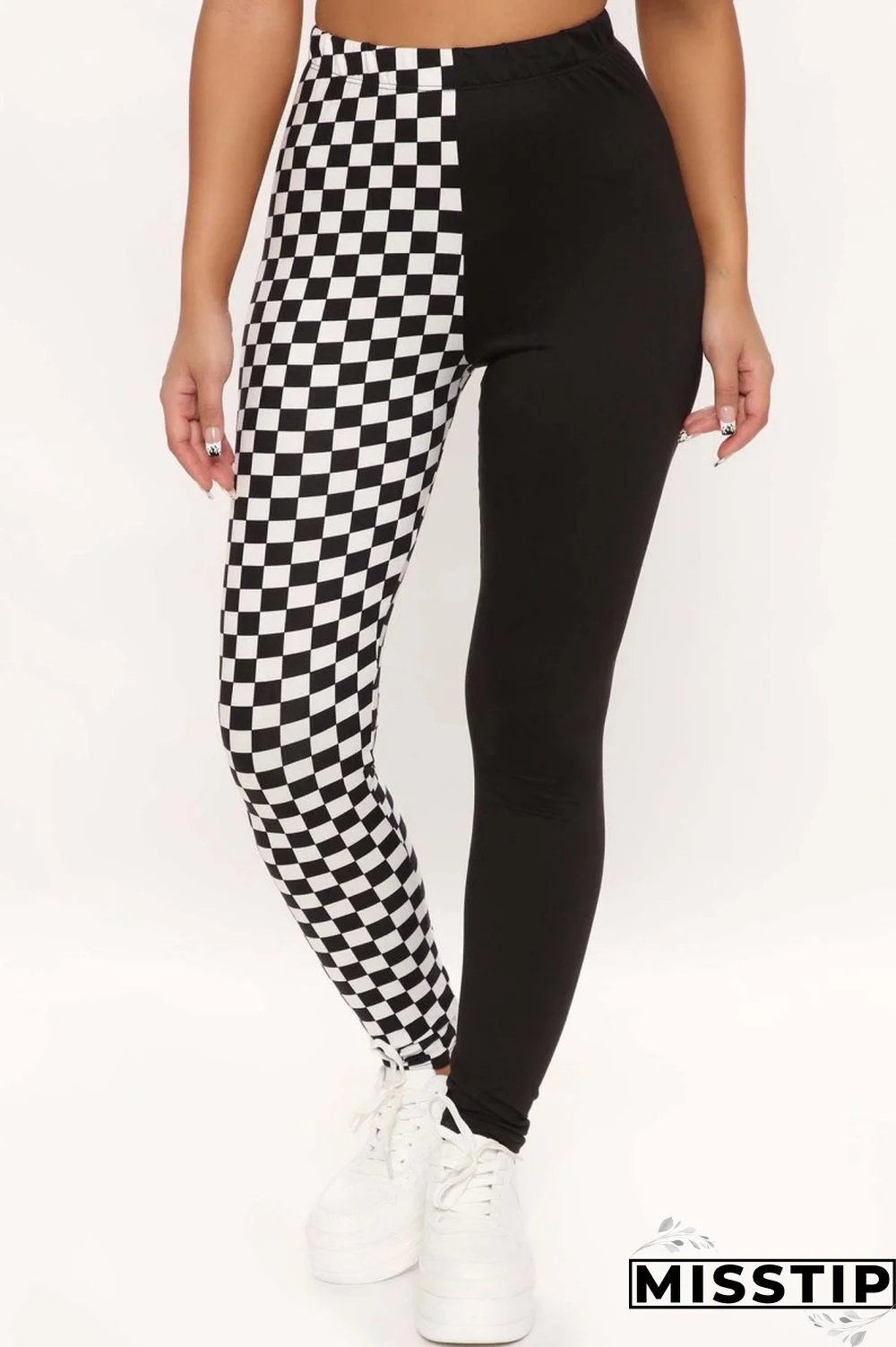 Black Casual Plaid Print Patchwork Regular High Waist Pencil Patchwork Trousers