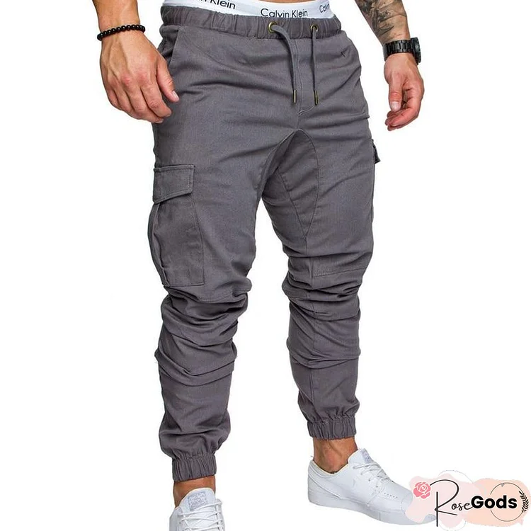 Men Casual Joggers Solid Color Pants Cotton Elastic Long Trousers