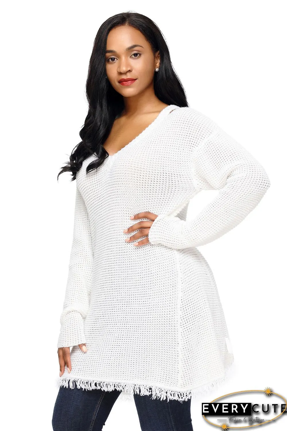 White V Neck Waffle Knit Sweater
