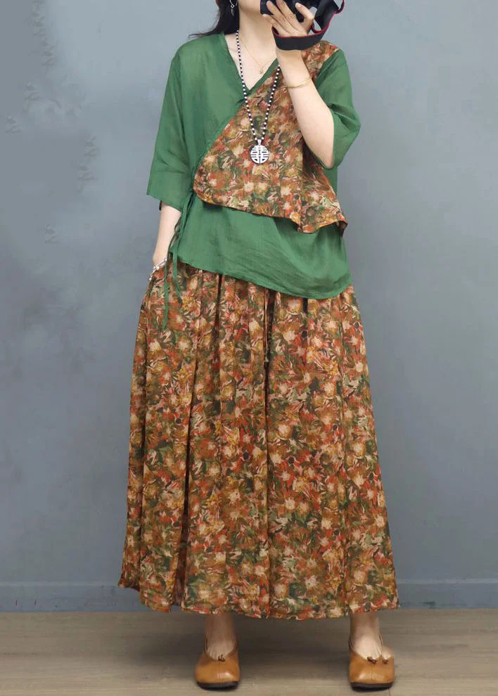 Green Lace UP Patchwork Cotton Two Piece Set V Neck Half Sleeve