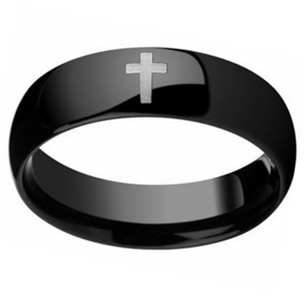 5MM  Mens Black Domed Tungsten Ring Cross Religion Wedding Band