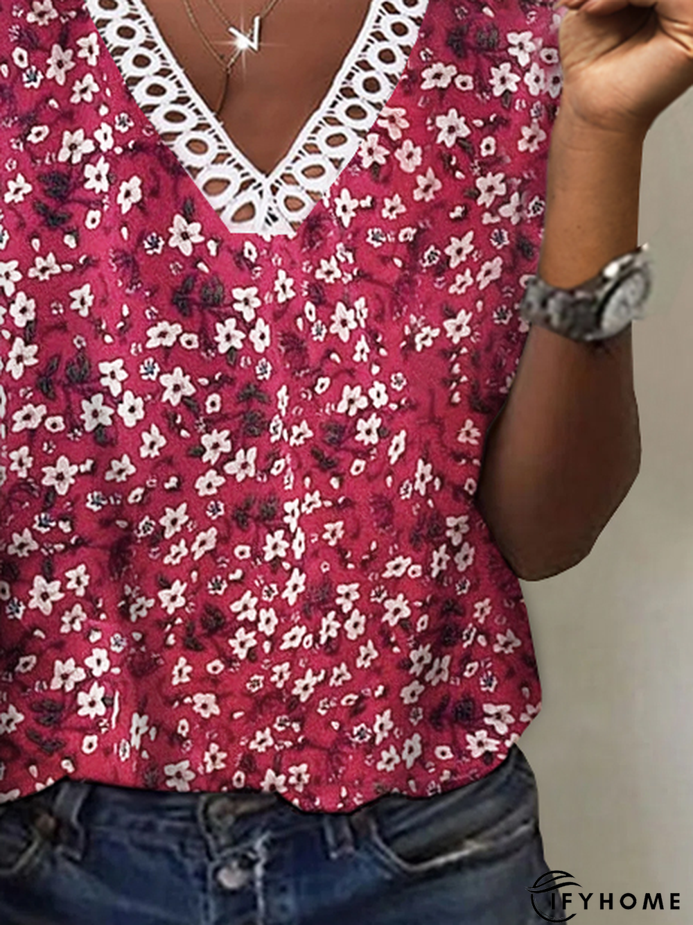 V Neck Floral Short Sleeve T-Shirt | IFYHOME