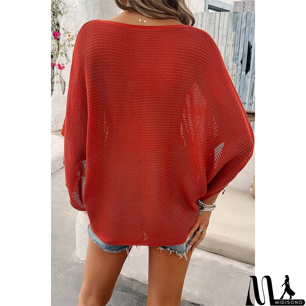 MidiSono - Solid V Neck Knit Loose Fit Bat Sleeves Top