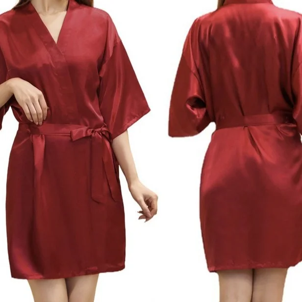 Brownm Women's Nightgray Simulation Silk Color Clove And Robe Light Face Solid Color Thin Cardigan Summer Sexy Short Bathrobe