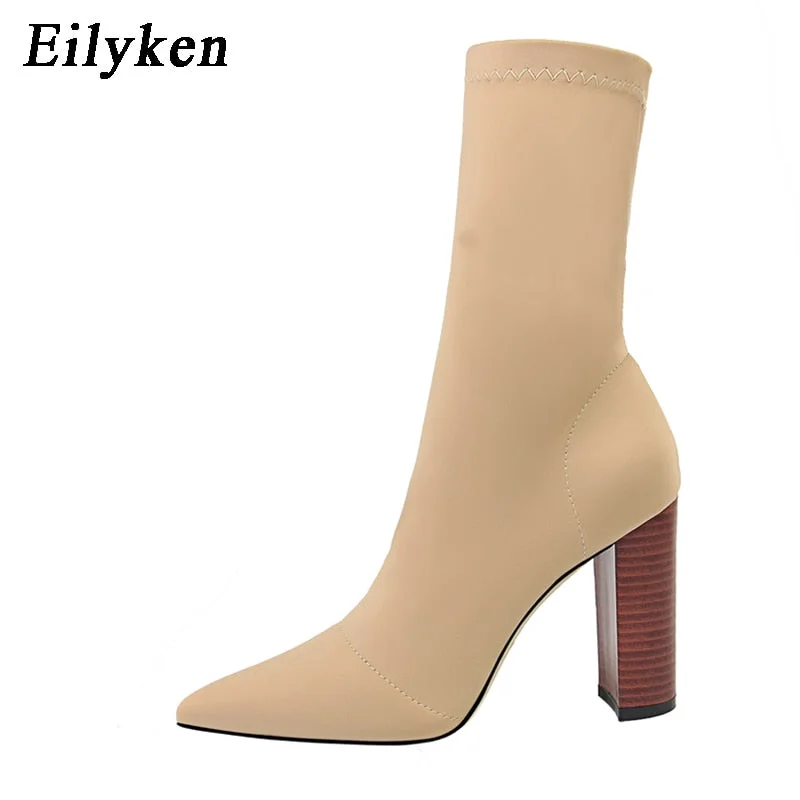 Eilyken Comfort Stretch Women Sock Boots Square High Heel Ankle Boots Fashion Pointed Toe Fall Stretch Shoes Black Big Size 2022