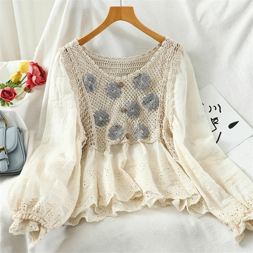 Bohemian Boho Floral Embroidery Cotton Line Shirt Women Long Sleeve Casual Blouse Crochet Crop Top Spring Autumn Shirts