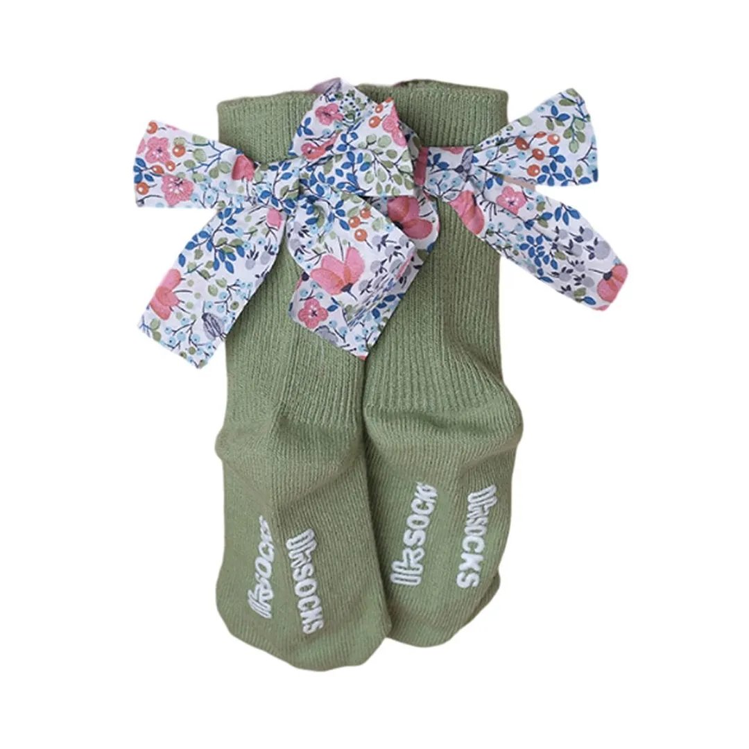 Infant Girls Cute Ribbed Socks Letter Printing Floral Bow Decoration Knitted Warm Non-Slip Breathable Socks 0-5Years