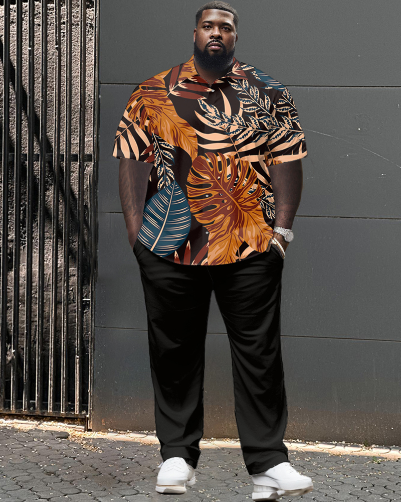 Leaf Pattern Large Size Classic Print Men's Short Sleeve Trousers Set