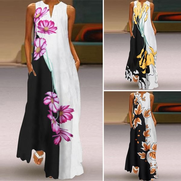 Summer Women Sleeveless V Neck Floral Print Maxi Dress Bohemian Holiday Beach Sundress Plus Size Vestidos - Shop Trendy Women's Clothing | LoverChic