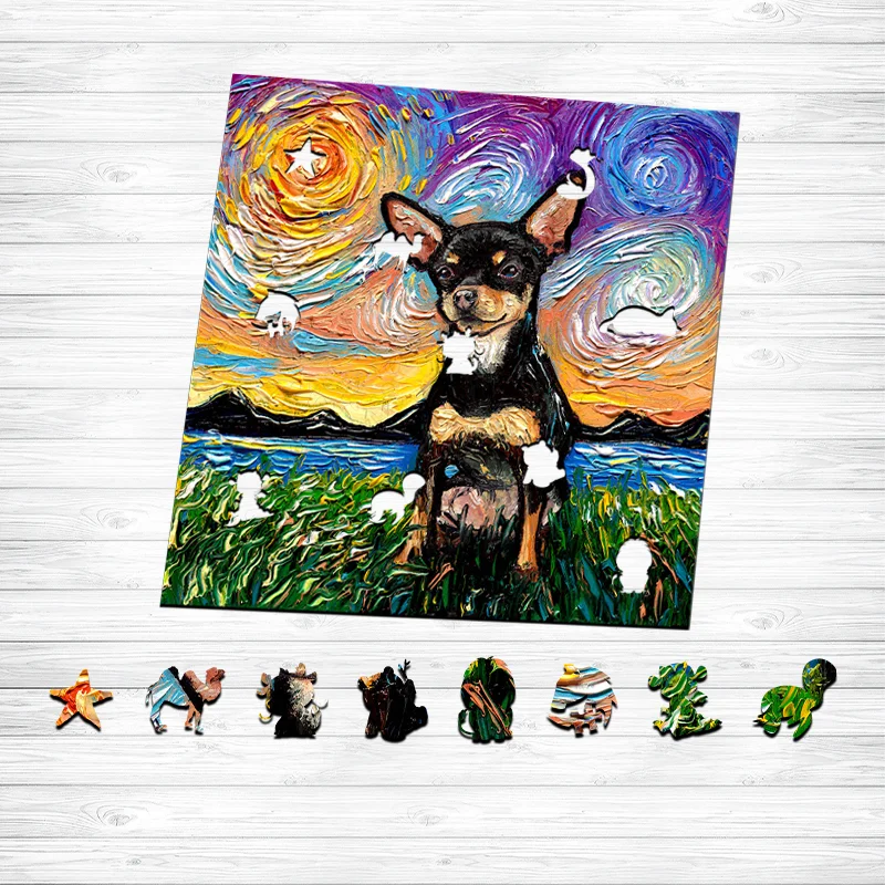 Jeffpuzzle™-JEFFPUZZLE™ Van Gogh Starry Sky - Black Chihuahua Wooden Puzzle