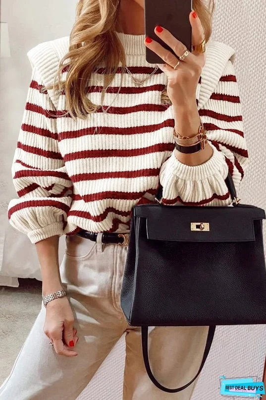 Long Lantern Sleeve Striped Ribbed Knit Pullover Top