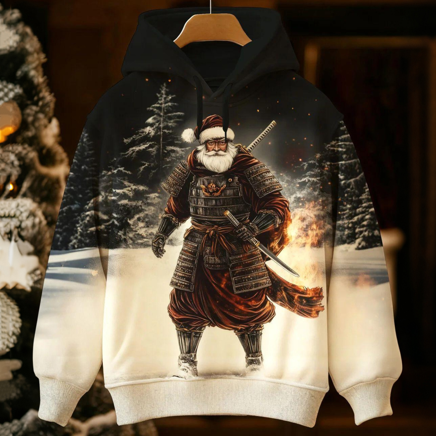 Men's Japanese Swordsman Santa Claus Print Casual Hoodie elevenforest