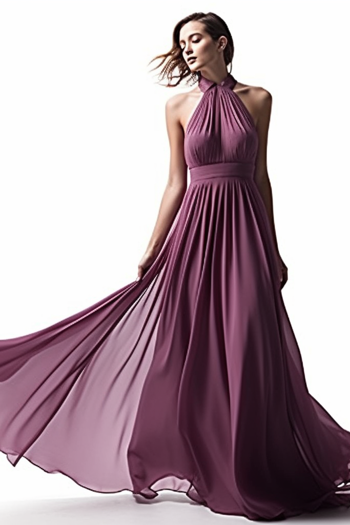 Chiffon Prom Dress Halter Purple Sleeveless Long Pleated XF09