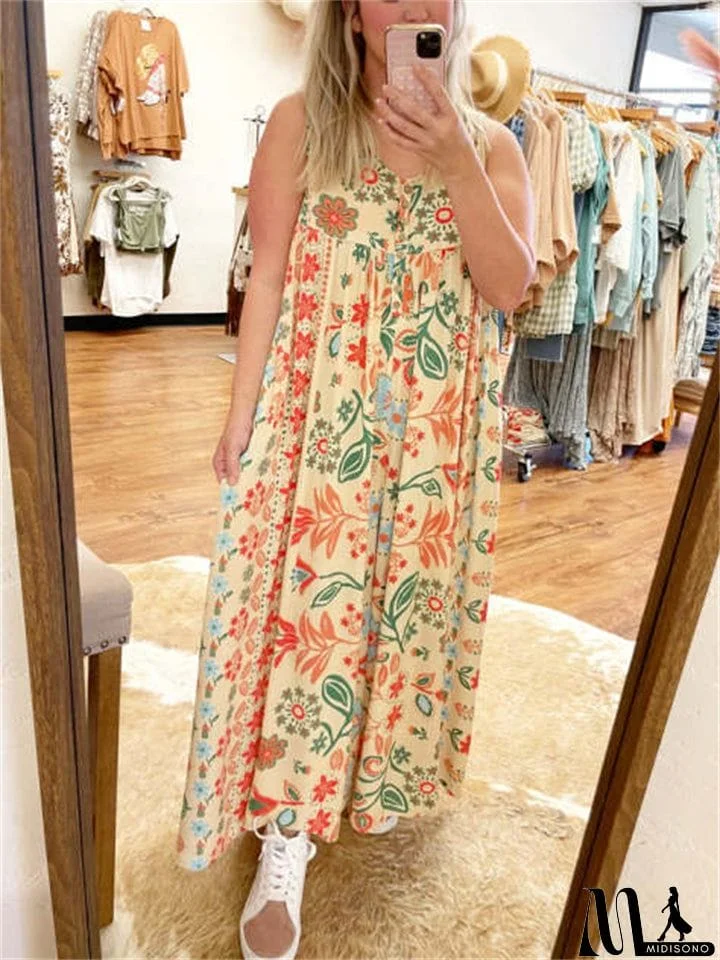 MidiSono - Women's Sleeveless Oversize Vintage Print Wide Leg Jumpsuit