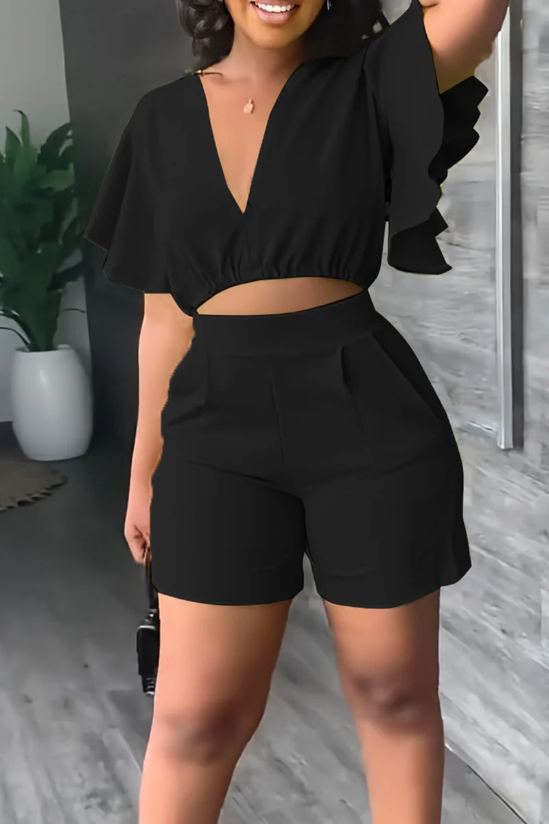 Black Casual Solid Patchwork Flounce V Neck Short Sleeve Two Pieces | EGEMISS
