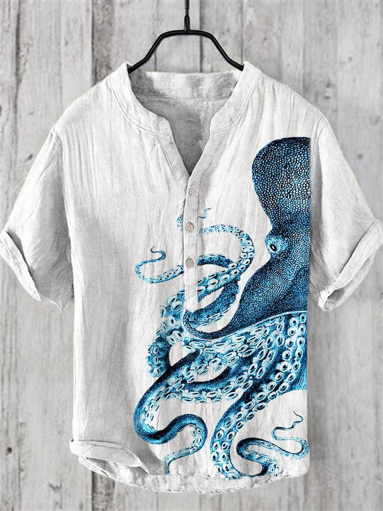 Octopus Ocean Art Linen V-Neck Shirt