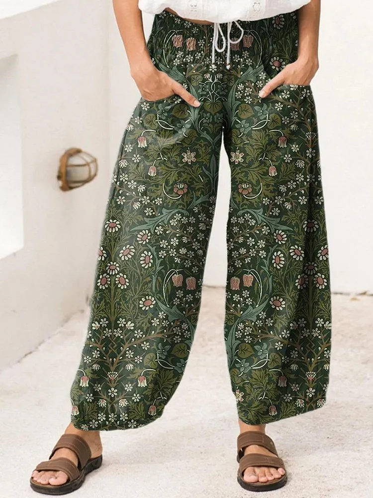 Women's Vintage Lovely Floral Art Print Cotton Wide Leg Pants