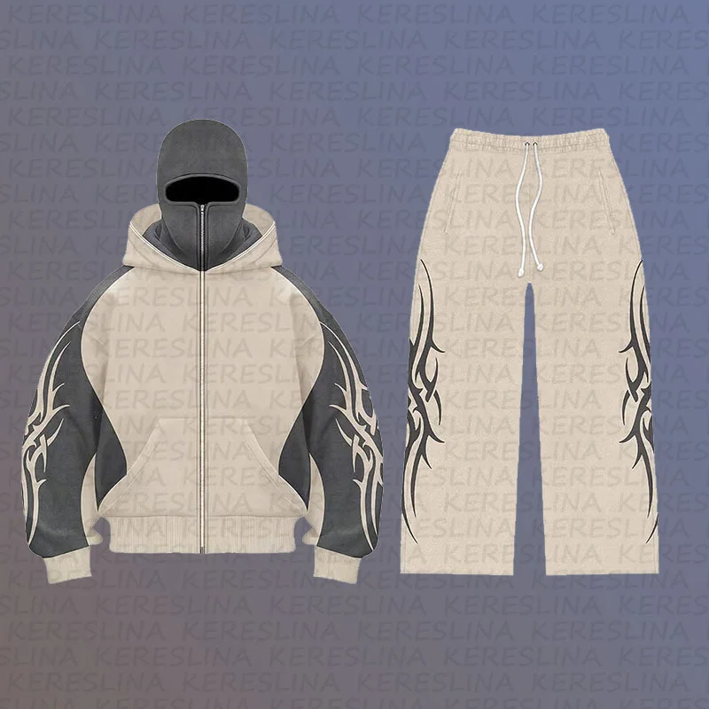 Athvotar Athvotar Street Color Double Hat Design Letter Hooded Cardigan Autumn And Winter Loose Y2K Sweater Set