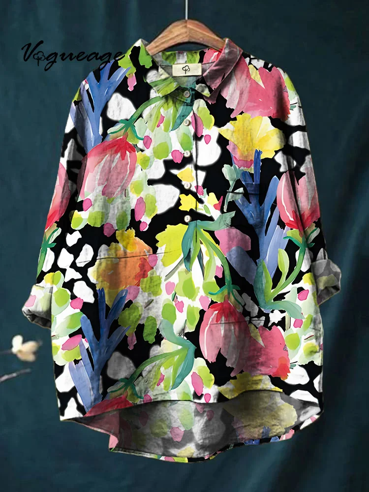 Bright Gorgeous And Elegant Flowers Printed Cotton And Linen Shirt