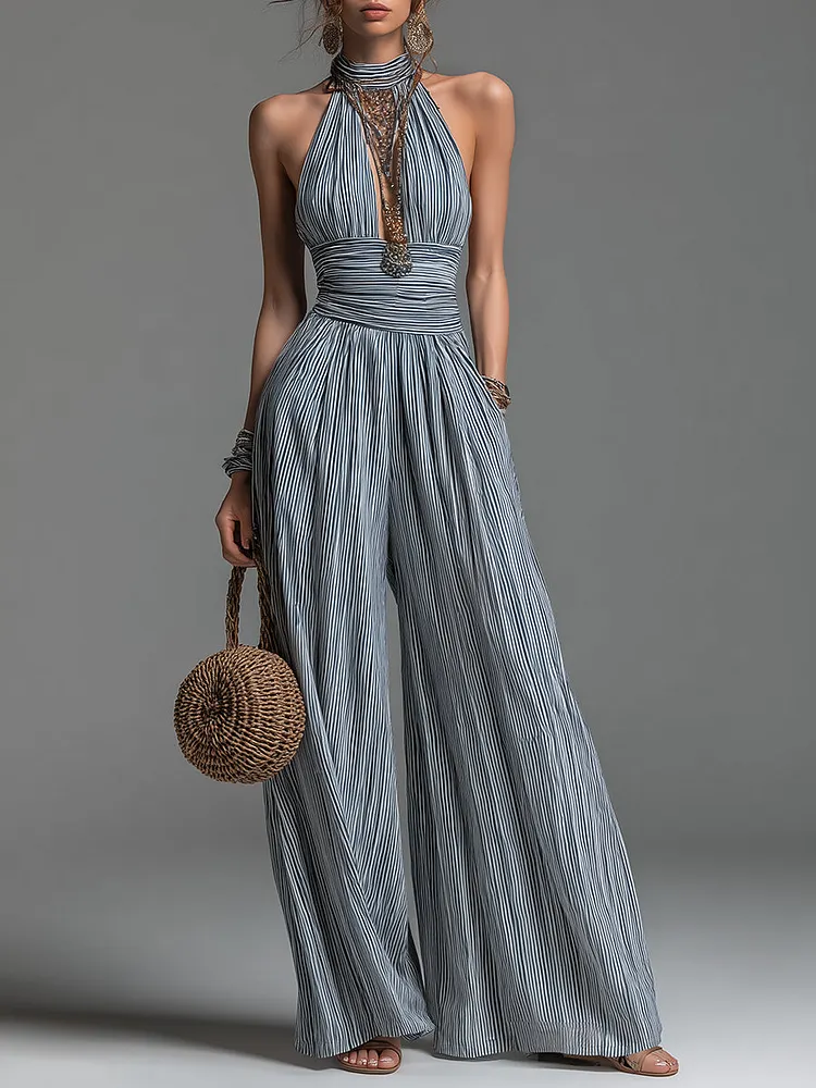 Retro Halter-Neck Striped Cotton-Blend Wide-Leg Jumpsuit
