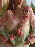 Elegant Boho Roses Embroidered Gradient Comfy Linen Shirt