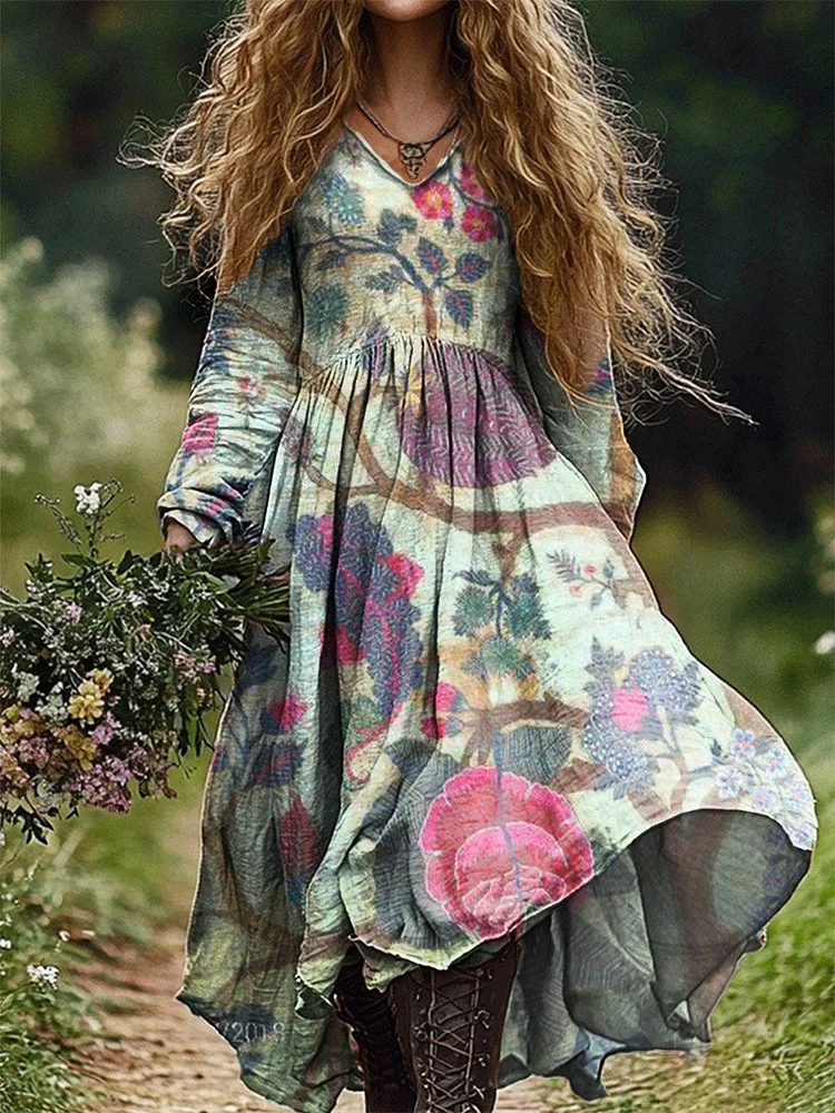 Women's Moroccan Flowers Print Pocket Cotton Dress