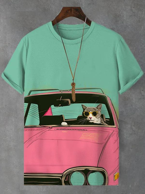 Men's Vintage Car City Pop Cat Art Print Casual T-Shirt