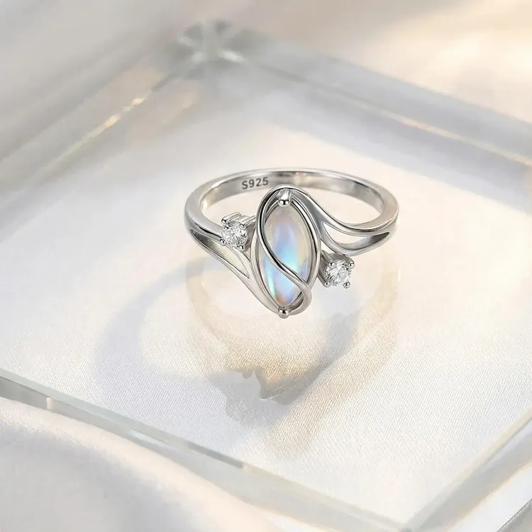 S925 Synthetic Moonstone Teardrop Ring with CZ Accent