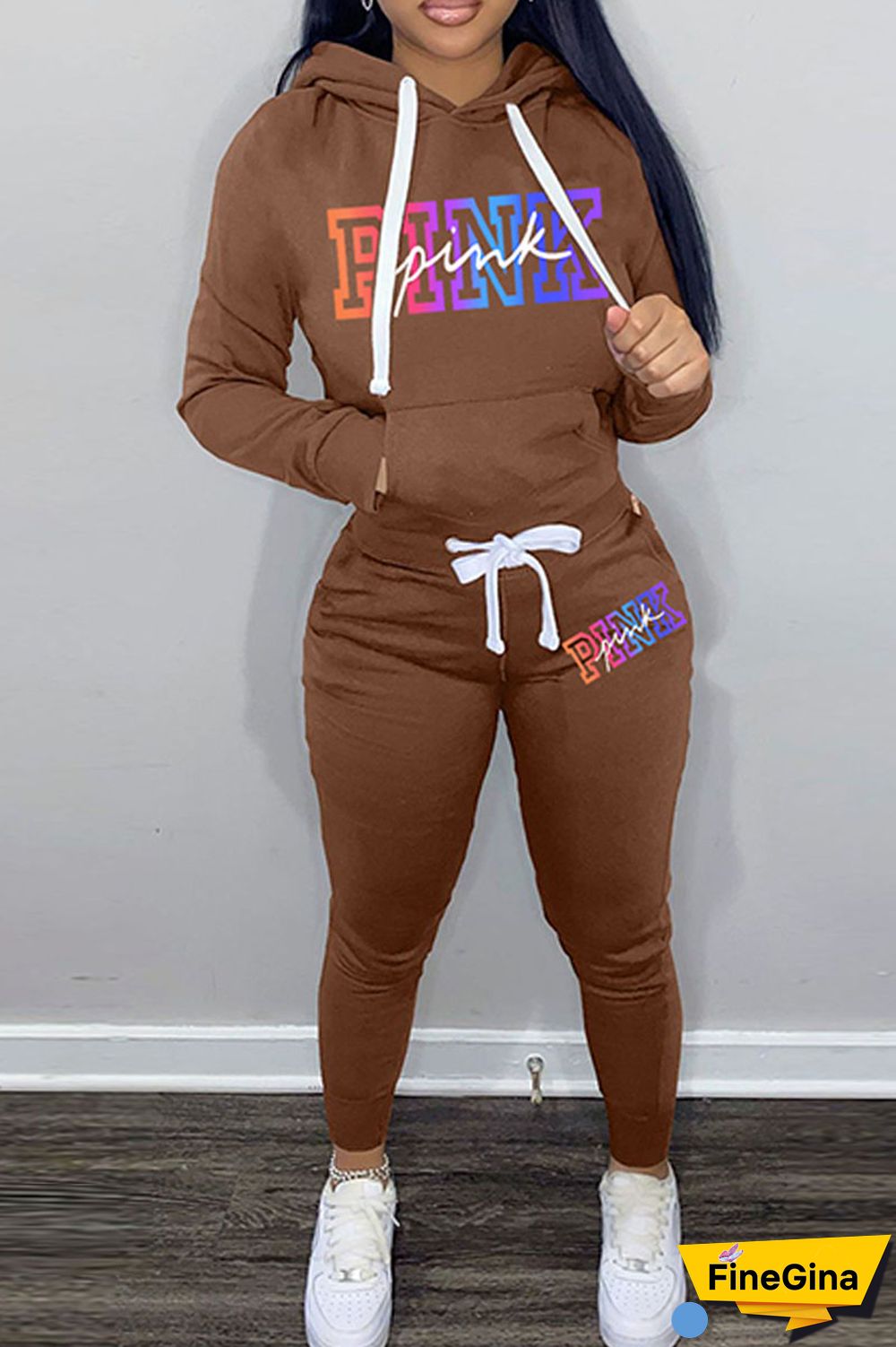 Light Gray Casual Letter Print Patchwork Hooded Collar Long Sleeve Two Pieces