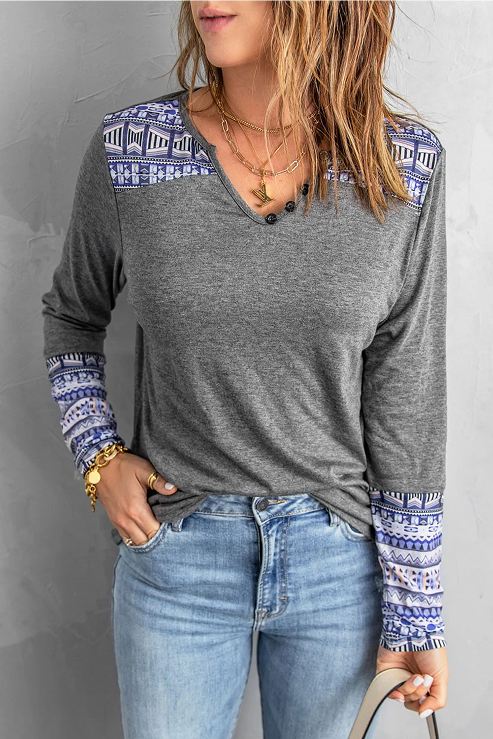 Gray Aztec Patch Button V Neck Blouse | IFYHOME
