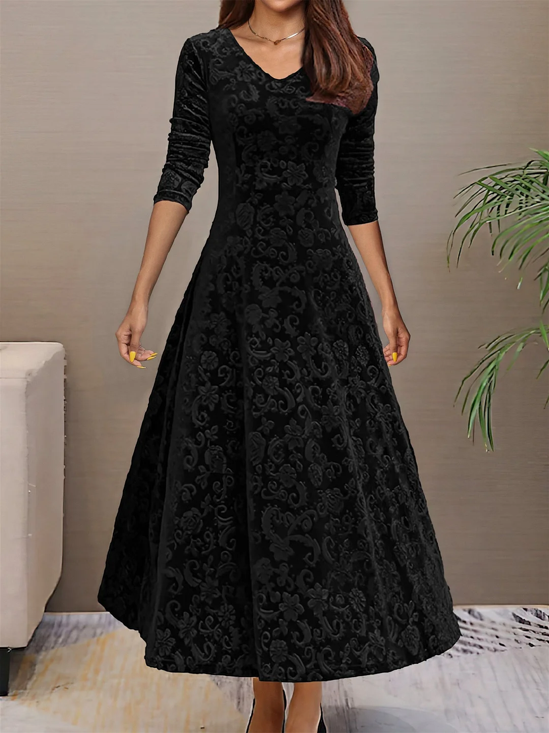 Women's Long Sleeve V-neck Floral Printed Midi Dress