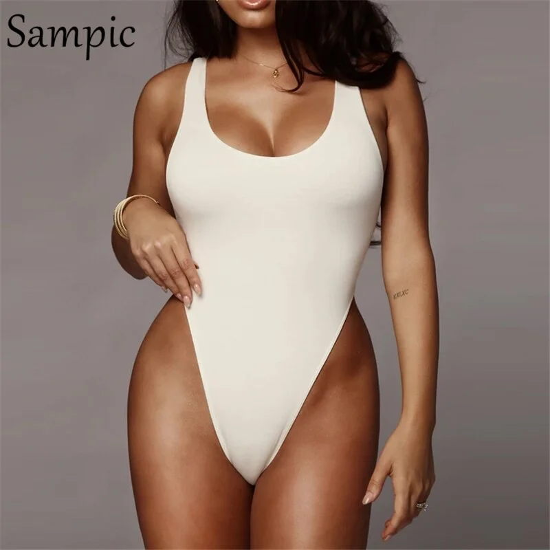 Sampic Summer Casual Fashion White Women O Neck Bodysuit 2020 Sexy Club Sleeveless Body Tops Backless Basic Ladies Bodysuits