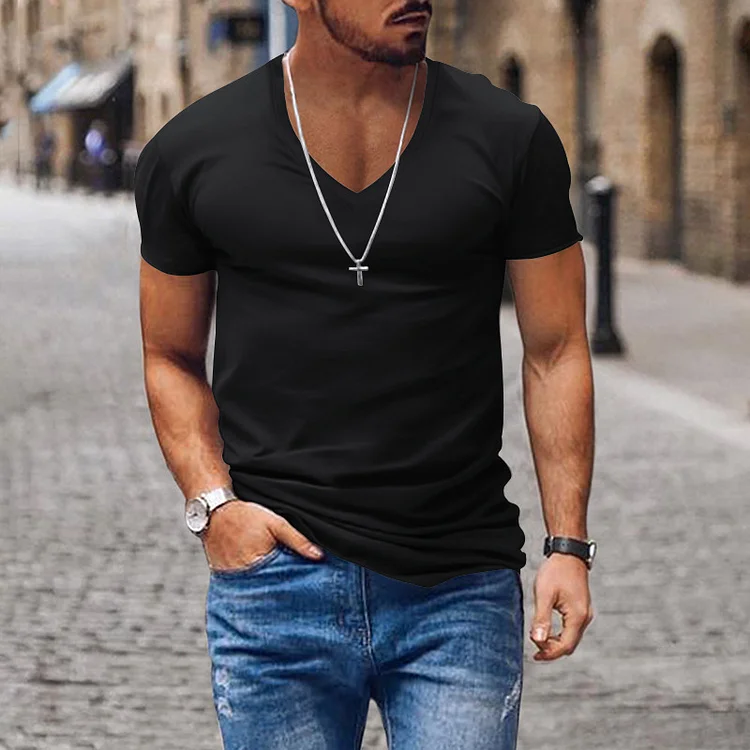 PASUXI Men's V-neck Solid Color Slim Fit Casual T-Shirt - Short Sleeved Top - Wholesale for Retailers huanwei
