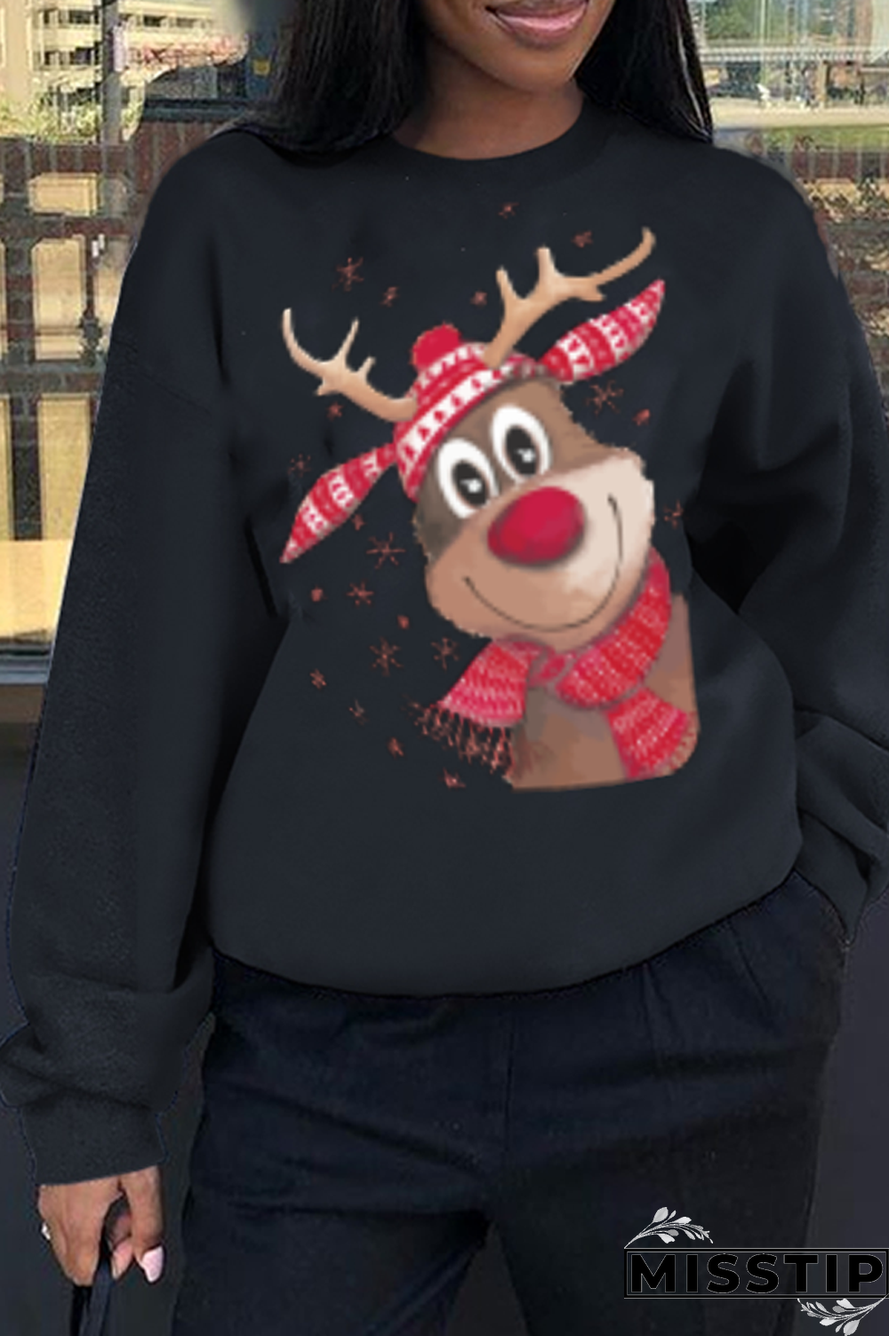 Black Casual Street Print Wapiti Patchwork O Neck Tops