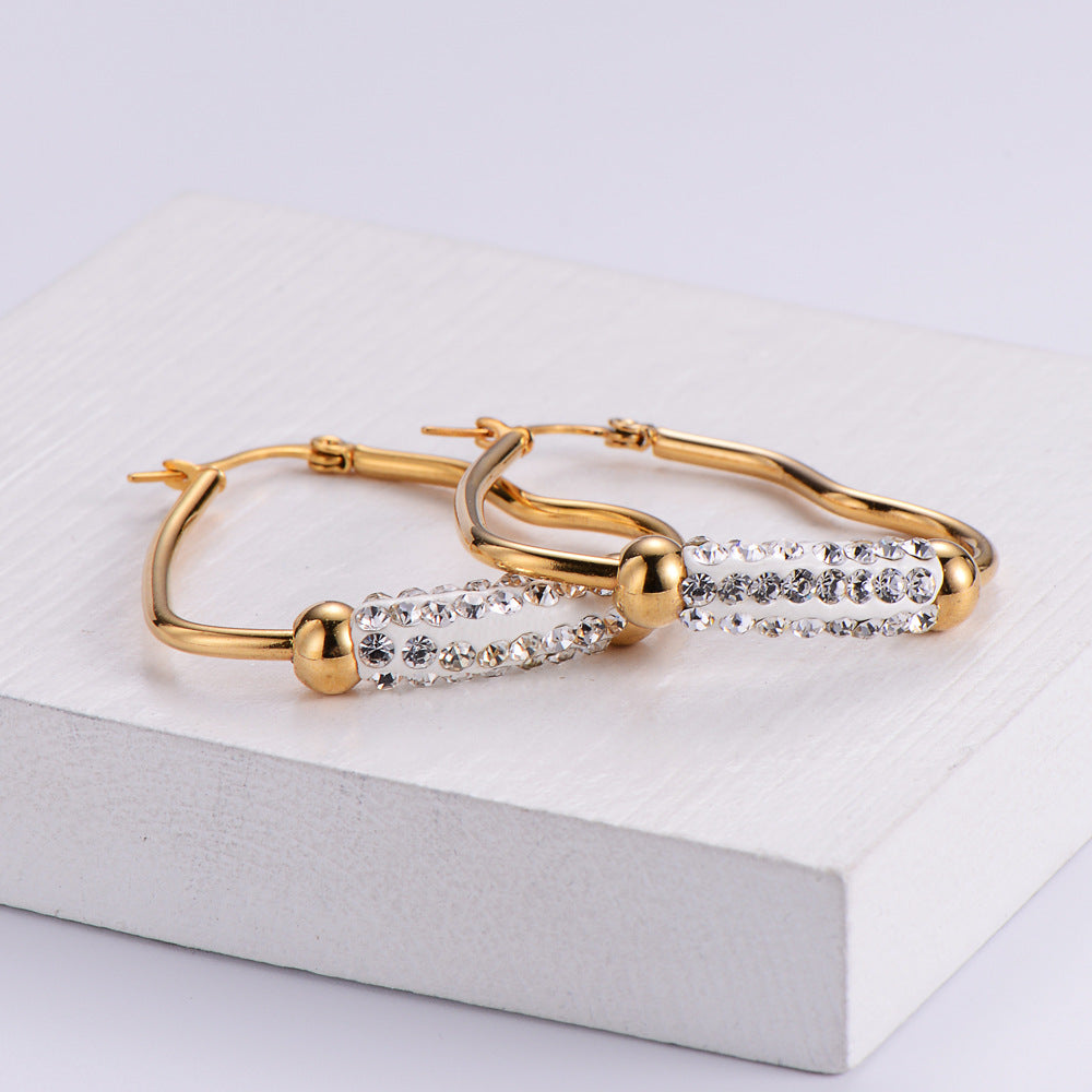 Women Minimalist Geometric Metal Heart Stainless Steel Diamond Inlay Earrings