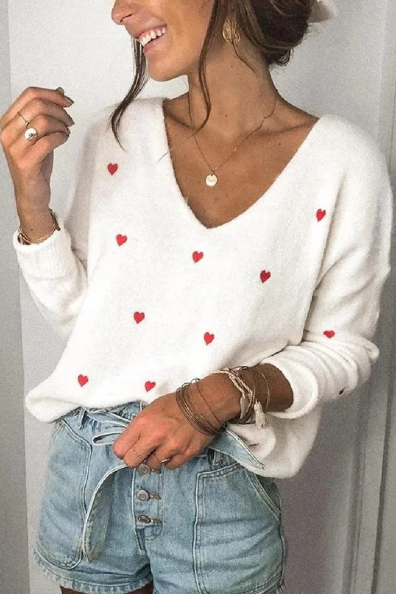 Abebey Loose V-Neck Heart-Shaped Knitted Sweater