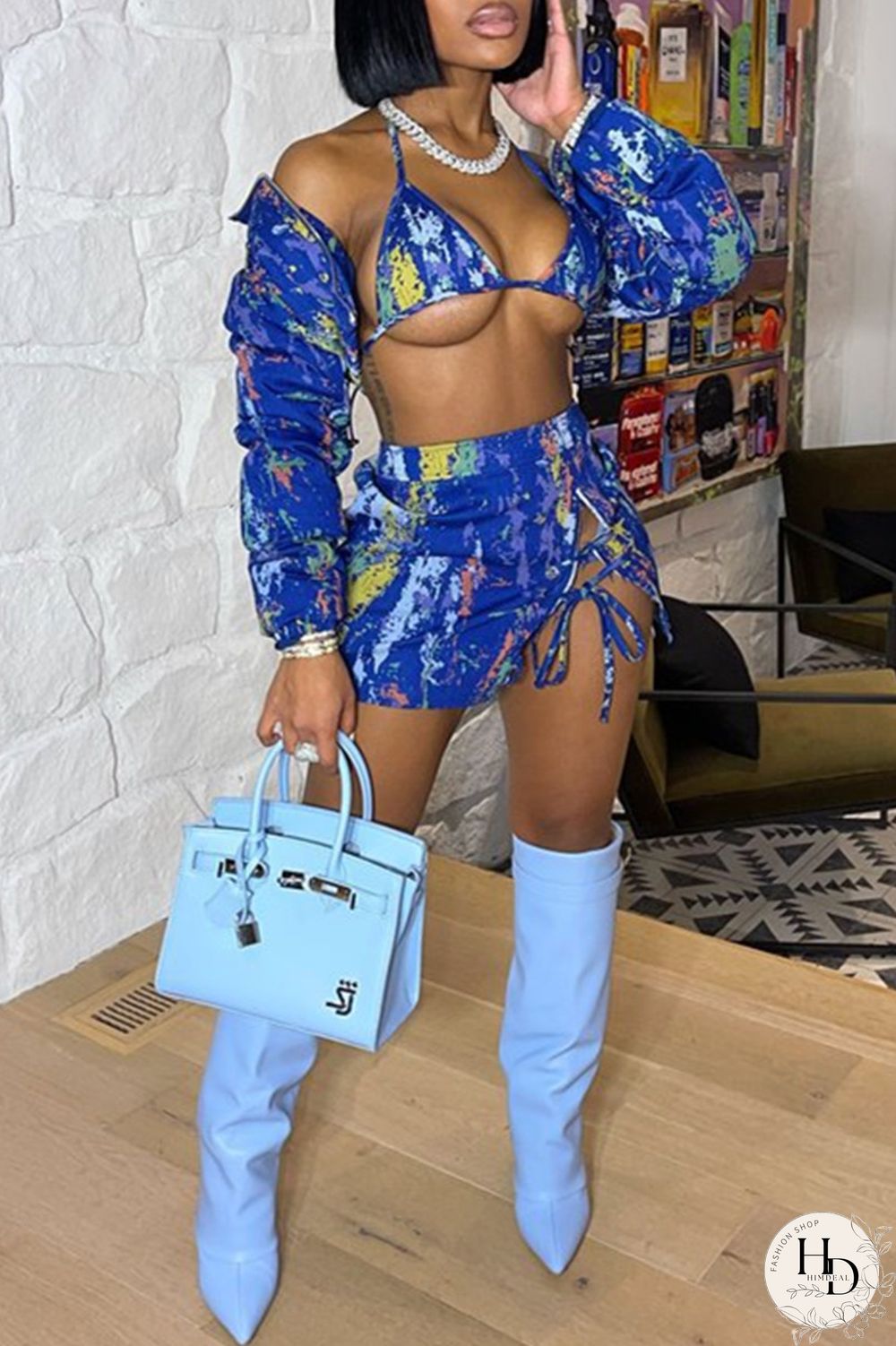 Purple Fashion Sexy Print Strap Design Long Sleeve Three-piece Set