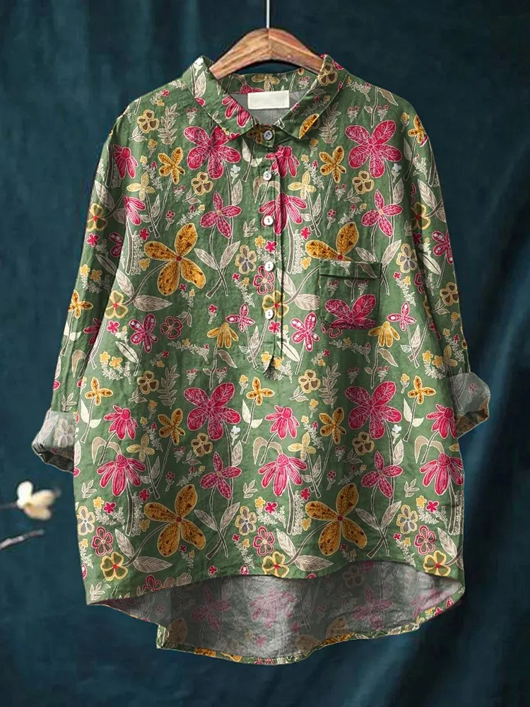 Women's Floral  Art Print Casual Cotton And Linen Shirt
