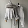 Jxwatcher Women's Sweater Set Real Fox Fur Collar and Cuffs Wool Blend Hooded Knitted Tops Ladies Autumn Fashion Pullover Female