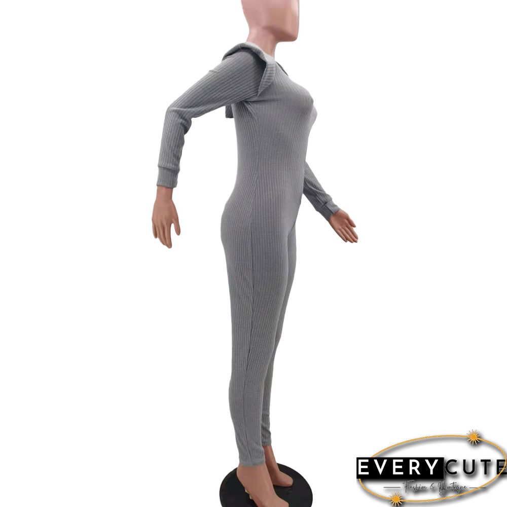 Knitted Long Sleeve Shoulder Padded Hooded Jumpsuit