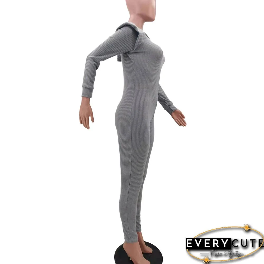 Knitted Long Sleeve Shoulder Padded Hooded Jumpsuit