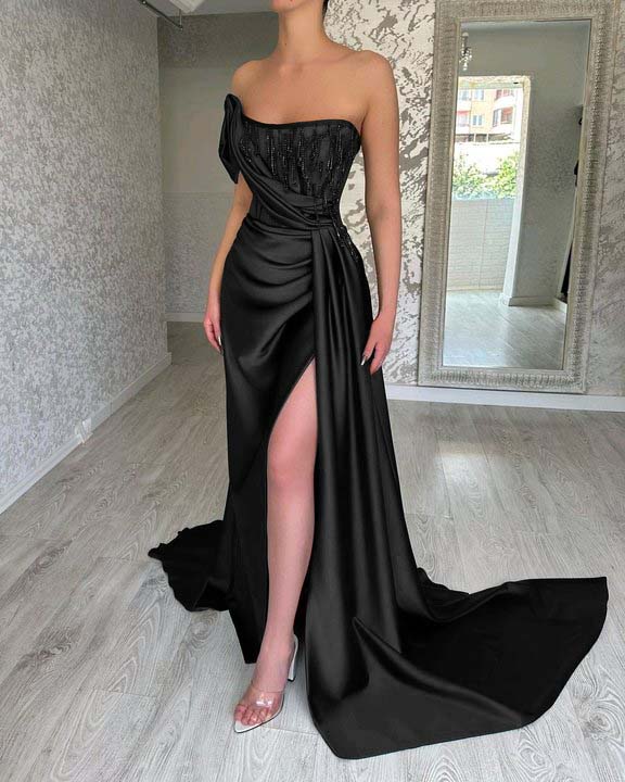 Green Strapless Prom Dress Long Beading Split Mermaid Dress WW0046