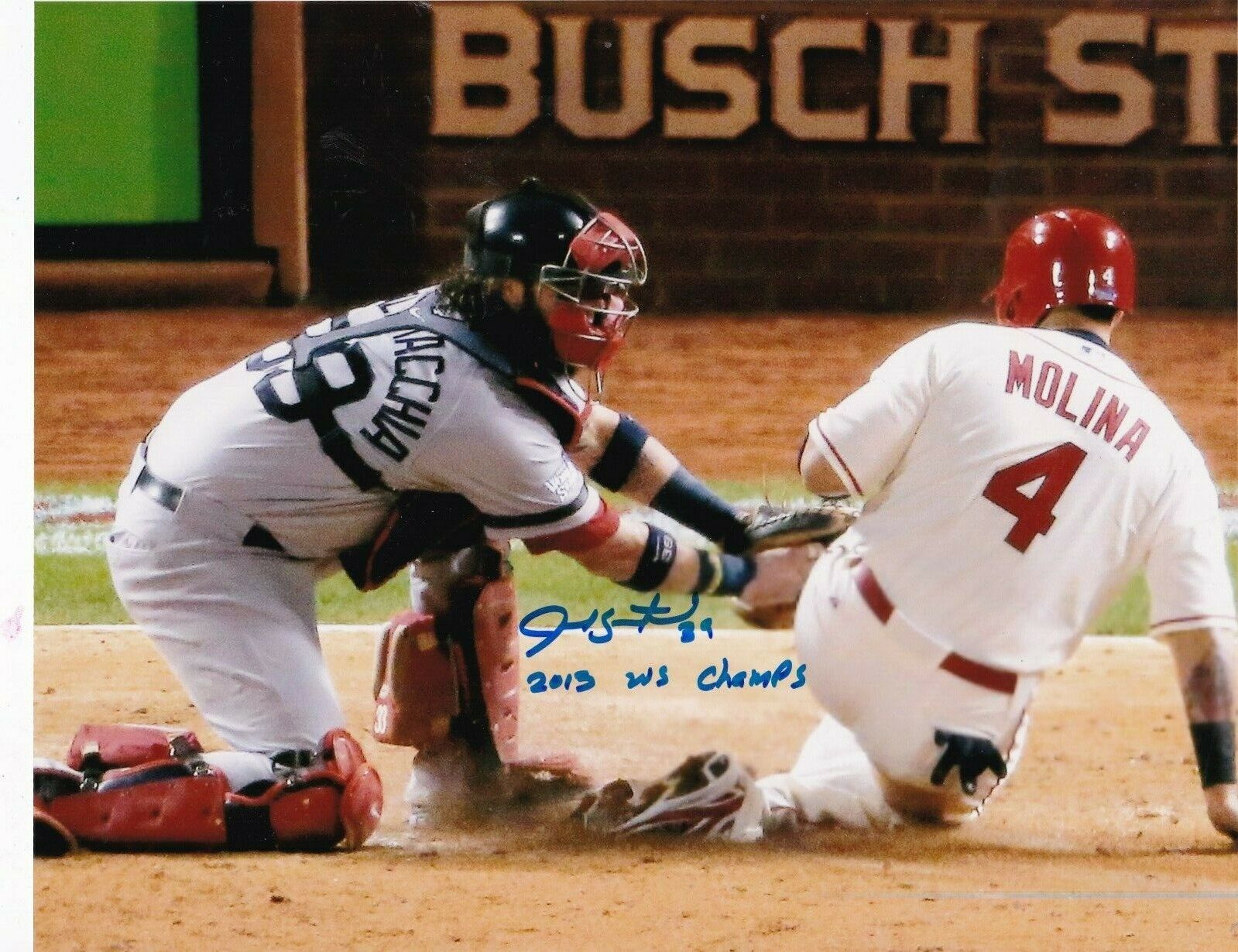 JARROD SALTALAMACCHIA BOSTON RED SOX 2013 WS CHAMPS ACTION SIGNED 8x10