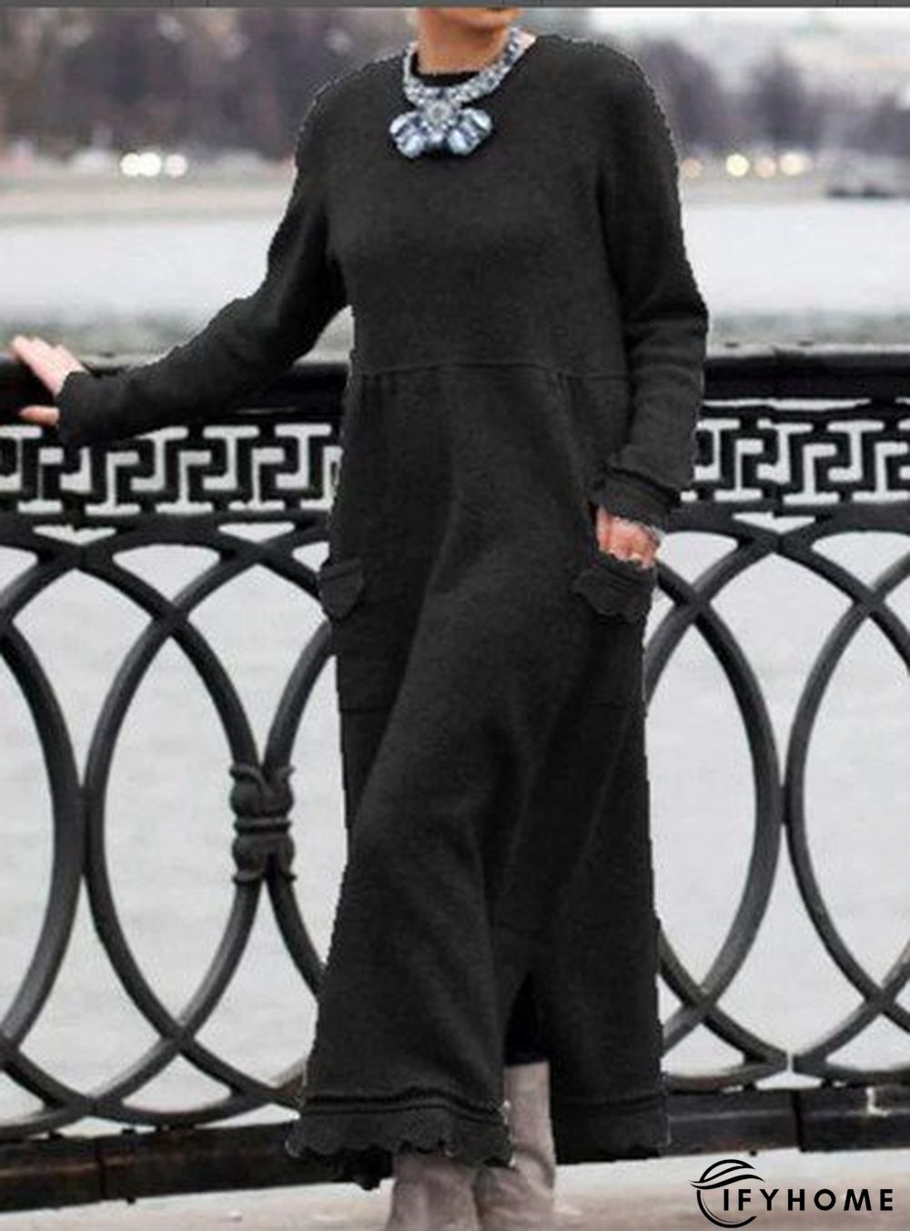 Plain Cotton Long Sleeve Dress | IFYHOME