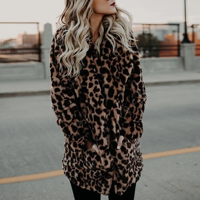 Winter fashion leopard print faux fur coat